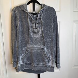 GreenTea Charcoal Lace-Up Hoodie Top, size Medium